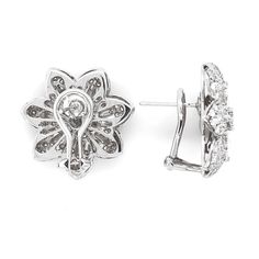 Gorgeous flower inspired earrings in platinum 950. Adorned in round white natural diamonds 4.55 ct. Diamonds are in G-H Color Clarity VS. Secure omega back / french clips. Diameter: 2.3 cm Weight: 15.8 g [shortcode] [video] [/video] [/shortcode] Formal Flower-shaped Diamond Earrings With Single Cut Diamonds, White Gold Clip-on Earrings With Diamond Accents, Classic Diamond Earrings With Flower Shape For Formal Occasions, Formal Flower Shaped Brilliant Cut Diamond Earrings, Formal Flower-shaped Diamond Earrings With Brilliant Cut, Formal Flower-shaped Brilliant Cut Diamond Earrings, Luxury Brilliant Cut Flower Earrings For Formal Occasions, Formal Diamond Earrings With Flower Shape, Luxury Flower Earrings With Brilliant Cut For Formal Occasions