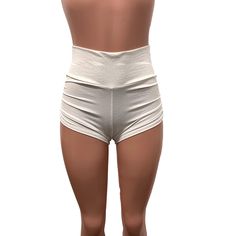 Sexier and more flattering! Our classic booty shorts made in white embossed mandala (textured) spandex with ruching on each side. Made to flatter your figure and move with you. The standard inseam is 2.5" - but can be customized. Choose between low-rise, mid-rise and high-waist (high-waist shown in photos). Please note - white fabrics are always a little sheer. White High Stretch Bottoms With Contoured Waistband, White Fitted Bottoms With Contoured Waistband, Fitted White Bottoms With Contoured Waistband, High-waisted Yoga Shorts With Wide Waistband, High-waist Yoga Athletic Shorts With Wide Waistband, High Stretch Yoga Shorts With Wide Waistband, High Waist Athletic Shorts For Yoga With Wide Waistband, Sculpting Yoga Bottoms With Contoured Waistband, Fitted White Athletic Shorts