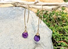 "The perfect everyday earring! This beautiful earring is handmade with either sterling silver or gold filled wire and a natural faceted teardrop amethyst. Completely hypoallergenic and tarnish resistant. Perfect to dress up, but can also be dressed down with jeans and a tee shirt. The stones measure approximately 1/2\" and hang from a 2\" open ear wire. *I can make the ear wire longer or shorter if you need. Please message me for custom length. *Custom colors are also available upon request. Ple Everyday Teardrop Gemstone Earrings, Everyday Gemstone Drop Earrings, Everyday Gemstone Long Drop Earrings, Everyday Long Drop Gemstone Earrings, Everyday 14k Gold Filled Gemstone Earrings, Dainty Everyday Gemstone Earrings, Everyday Purple Jewelry With Ear Wire, Teardrop Gemstone Linear Earrings As Gift, Everyday Amethyst Dangle Jewelry