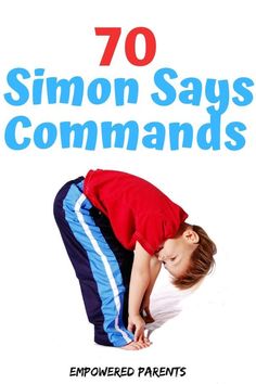 a young boy is doing yoga on the cover of his book, 70 simon says commands