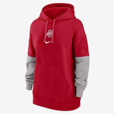 A wardrobe staple for cooler weather, the Ohio State Buckeyes Sideline Essential Hoodie is made with dropped shoulder seams that help create an oversized look and soft fleece lining for a warm, comfortable outer layer. Nike Cortez Red, Nike Tech Fleece, Nike Sweatshirts, Nike Tech, Ohio State Buckeyes, Red Hoodie, Ohio State, Red Fashion, Active Wear For Women