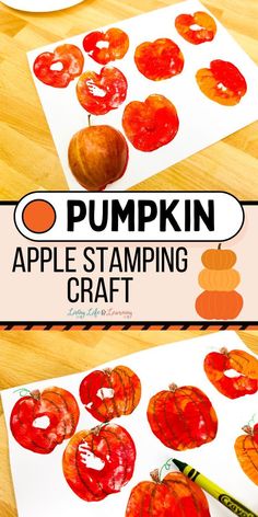 an apple stamping craft for kids to make with pumpkins and apples on paper