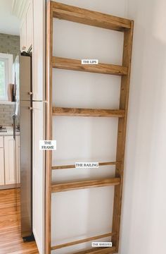 This little shelving unit is for the blank wall that’s on many sides of refrigerators or cabinets and turning it into a vertical storage space. In my case, we had an exposed side of floor to ceiling cabinets that was the first thing you would see when you walked into our kitchen. This storage soluti #pantrystorageideas Diy Kitchen Wall, Plate Rack Wall, Floor To Ceiling Cabinets, Kitchen Wall Storage, Kitchen Wall Shelves, Kitchen Redo, Boho Living, Wall Storage