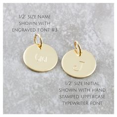 "14k Solid Gold Personalized Charm This listing shows the two most popular sizes of solid gold charms that I make... tiny 3/8\" and the larger 1/2\". The tiny 3/8\" are great for single initials and multiple pieces on one chain. The larger 1/2\" version is perfect for the larger typewriter font initials and names. Both work well with engraving or hand stamping. You will have your choice of options available on the drop down menus when adding to your cart. You can also choose to have your pendant Gold Initial Pendant, Solid Gold Charms, Typewriter Font, Name Pendant, Gold Charms, 14k Gold Necklace, Gold Initial, Personalized Initials, Initial Pendant