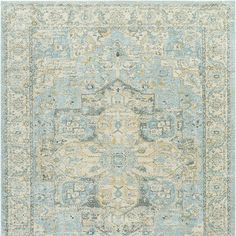 a blue and beige rug with an ornate design