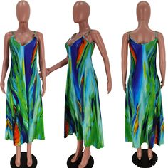 Summer Vacation Tie Dye Print Sleeveless Strap V-neck Loose Fitting Casual Women Maxi Dress Casual Green Sleeveless V-neck Dress, Green V-neck Sleeveless Dress For Vacation, Green Sleeveless V-neck Dress For Summer, Sleeveless Green V-neck Dress For Beach, Multicolor Sleeveless V-neck Dress For Summer, Blue Sleeveless V-neck Summer Dress, Sleeveless Green V-neck Dress For Vacation, Green V-neck Sundress, Multicolor Sleeveless V-neck Dress For Vacation