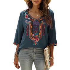 Season:Summer; Fabric:Rayon; Sleeve Length:3/4 Length Sleeve; Look After Me:Machine wash; Gender:Women's; Style:Boho; Elasticity:Inelastic; Tops Type:Blouse; Occasion:Daily; Top Length:Regular Tops; Fit Type:Loose Fit; Pattern:Geometric; Design:Embroidered; Neckline:V Neck; Front page:FF; Listing Date:06/17/2024; Production mode:External procurement; Bust:null; Shoulder Width:null; Sleeve:null; Fit US Size:null; Fit UK Size:null; Fit EU Size:null Bohemian Half Sleeve Tops For Fall, Spring Bohemian Half Sleeve Blouse, Bohemian Half Sleeve Summer Tops, Bohemian Half Sleeve Blouse For Spring, Bohemian Top With Floral Embroidery And Half Sleeves, Summer Folk Style Blouse With Boho Print, Bohemian Half Sleeve Blouse With Floral Embroidery, Bohemian Blouse With Floral Embroidery And Half Sleeves, Bohemian Half Sleeve Beach Blouse