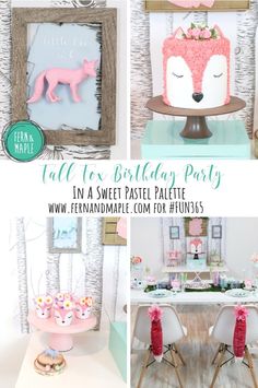 a collage of photos with pink and blue decorations on it, including a cake