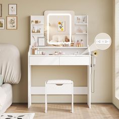 a white dressing table with a mirror, stool and lights on the wall above it