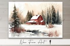 a watercolor painting of a red barn in the snow