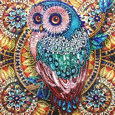 an owl sitting on top of a colorful background