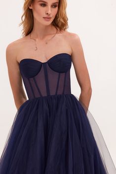 Navy Strapless Puffy Midi Tulle Dress ➤➤ Milla Dresses - USA, Worldwide delivery Midi Tulle Dress, Dress Date Night Outfit, Evening Gown, Wedding Guest Outfit Fall, Winter Wedding Guest Dress, Corset Midi Dress, Dress Weights, Tulle Midi Skirt, Winter Dress Outfits