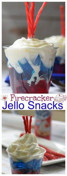 patriotic jello snack cups with red, white and blue straws