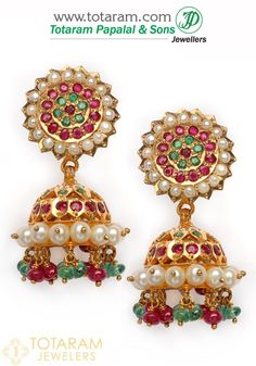 22 Karat Gold Jhumka with Rubies , Emeralds & Pearls. Gross Gold Weight: 18.000 - 18.500 grams Ruby & Emerald Weight: 3.00 Carats Screw Type : Madras Screw Length of Earrings : 1.50 inches Width of Top : 0.65 inches Wid Luxury 22k Gold Round Jhumkas, Luxury 22k Gold Jhumkas With Tilla, Luxury 22k Gold Jhumkas For Ceremonial Occasion, Luxury Yellow Gold Round Chandbalis, Luxury 22k Gold Jhumkas, Luxury Gold Plated Chandbalis For Women, Luxury 22k Gold Chandbalis With Latkans, Luxury 22k Gold Ceremonial Jhumkas, Luxury Round Chandbalis With Intricate Design