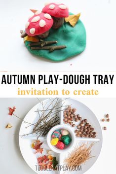 an autumn play dough tray with mushrooms and leaves