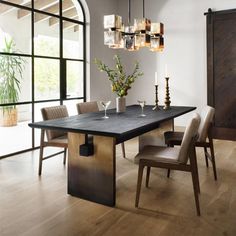 Ali Mid Century Modern Black Oak Wood Grey Leather Dining Collection Table With Chairs, Small Kitchens, Dining Room Inspiration, Oak Dining Table, Leather Dining Chairs, Modern Trend, Four Hands, Modern Dining Table, Modern Dining Room