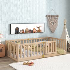 a baby's room with a crib, rugs and wall hangings