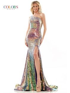 The fabric in this Colors Dress style is Sequin One-shoulder Stretch Dress For Cocktail, One Shoulder Stretch Dress For Cocktail, Floor-length Dresses With Side Slits For Prom, Multicolor Floor-length Party Dress, Glamorous Multicolor Floor-length Dress, Fitted A-line Gown With Sequins, Fitted One-shoulder Casual Dress, Prom Dress With Side Slits For Prom Season, Glamorous Gala Dress With Back Zipper