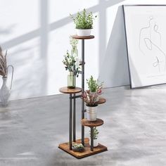 three tiered plant stand with potted plants