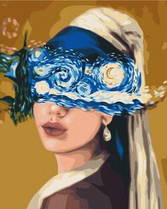 a painting of a woman wearing a hat with the starry night on it's face