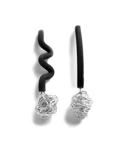 Little Silver Knots Earrings by Dagmara Costello. Tangled orbs of sterling silver wire add rhythm and texture to this eye-catching asymmetrical earrings of black rubber tubing. Sterling silver ear wires. Handmade Black Contemporary Earrings, Contemporary Handmade Black Earrings, Rubber Earrings, Knots Jewelry, Asymmetrical Jewelry, Gold Stone Necklace, Black Pearl Bracelet, Contemporary Handmade Jewelry, Silver Bead Earrings