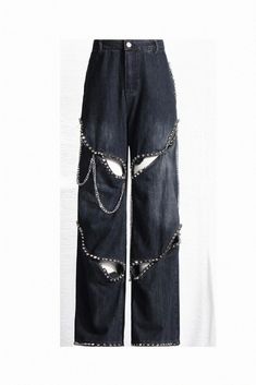 Oliviamark - Rivet Embellished Metallic Chain High Waist Cutout Jeans Cutout Jeans, Pants Grunge, Jeans Chain, Sequin Pants, Embellished Jeans, Cropped Denim Jacket, Long Sleeve Blazers, Edgy Outfits, Cropped Denim