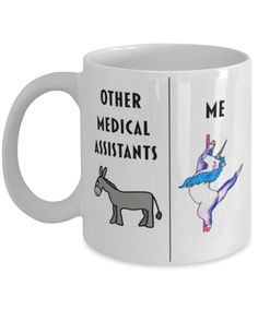 two coffee mugs with unicorns on them and the words, other medical assistant's