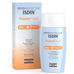 Isdin Fotoprotector Fusion Fluid SPF50+ 50ml   Isdin Fotoprotector Fusion Fluid is suitable for all skin types, including sensitive skin that is often subject to sun exposure. Formulated with titanium dioxide, known for its ability to protect skin from ultraviolet rays. Enriched with vitamin E and hyaluronic acid, for its antiaging action. Enriched with Fusion Fluid technology that makes the texture more fluid, facilitating application, it fuses with the skin leaving it dull and dull. Its long l Fusion Water, Protector Solar, Visible Light, Spf 50, Skin Protection, Oil Free, Ultra Violet, Allergies, Sunscreen