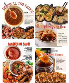 an image of different types of food and sauces on the menu or brochure