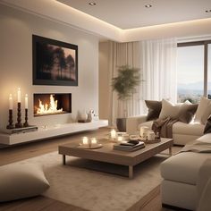 a living room filled with furniture and a fire place next to a large glass window