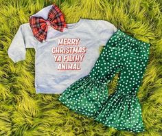 Material:milk silk rts Merry Christmas Ya Filthy Animal, Ya Filthy Animal, Boutique Style Outfits, Girls Boutique Clothing, Filthy Animal, Christmas Green, Holiday Set, Green Dot, Girls Boutique