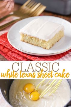 two pictures of white texas sheet cake with icing and eggs