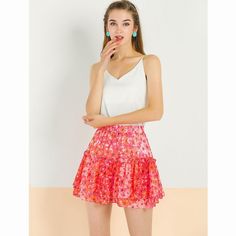 You're ready for a fab and stylish season with this ruffle mini skirt. Pair it with your favorite tops and heels for a chic look. Flutter through your day in this fabulously feminine ruffled mini skirt. Nothing offers a charming appeal like the ruffle-layer skirt. Complete your cute style in this floral ruffle mini skirt. A nice choice for a Valentine's Day outfit. Spring Party Skirt With Mini Hem, Summer Skirted Skort With Ruffles, Ruffled Skirted Skort For Summer, Spring Party Mini Hem Skirt, Flirty Mini Skirt With Ruffle Hem, Flowy Ruffled Mini Skirt For Brunch, Feminine Ruffled Skort For Day Out, Flirty Ruffled Mini Skirt For Summer, Trendy Ruffled Skirt For Day Out