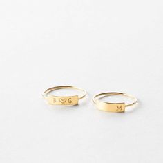 A bar ring with plenty of room to personalize with initials, a date, name or word. Bar Ring, Name Rings, Personalized Rings, Stacking Ring, Stacking Rings, Gold Material, Band Ring, Rose Gold Ring, Gold Vermeil