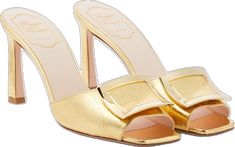 Roger Vivier, Leather Mules, Metallic Leather, Open Toe, Bags Designer, Dust Bag, Heels, Leather, Gold