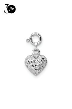 Rhodium over 14k white gold diamond-cut heart spring ring pendant. Measures approximately 7/16"L x 5/16"W and has a 0.99mm bail. White Gold Heart Charm Pendant, White Gold Heart Pendant Jewelry With Polished Finish, White Gold Heart Cut Jewelry With Heart Charm, Elegant White Gold Heart Pendant Charm, Valentine's Day White Gold Sterling Silver Charms, Sterling Silver Diamond-shaped Jewelry For Anniversary, White Gold Heart Charm For Anniversary, Anniversary Sterling Silver Diamond-shaped Jewelry, Fine Jewelry With Heart Shaped Diamond Cut