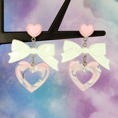 "Cute heart earrings - Valentine's Day earrings - pink and white coord - Halloween costume accessories - statement earrings - post dangle earrings - Lolitafashion Cute heart and bow earrings perfect with any pink style outfit! Stay fun and fashionable in these pink and white heart earrings.  12mm wide plastic and silicone rubber backings included for comfort **Stainless steel earring posts are hypoallergenic and nickel free Made of resin / plastic Charms are one sided and flat on the back Earrin Pink Kawaii Jewelry For Valentine's Day, Kawaii Pink Jewelry For Valentine's Day, Pink Heart-shaped Kawaii Jewelry, Pink Kawaii Heart-shaped Jewelry, Kawaii Dangle Jewelry For Valentine's Day, Valentine's Day Kawaii Dangle Jewelry, Playful Pink Earrings With Cute Design, Playful Earrings For Valentine's Day Gift, White Heart Drop Earrings For Party