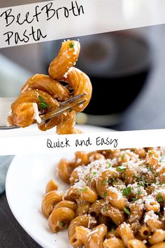 two different pictures of pasta with sauce and parmesan cheese on top, one is being held up by a fork