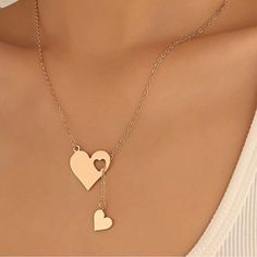 Brand New Gold Heart Charm Necklace Double Heart Necklace For Party, Trendy Heart Print Necklace For Valentine's Day, Heart Graphic Jewelry For Valentine's Day, Cute Heart Necklace For Parties, Cute Heart Necklace For Party, Trendy Open Heart Necklace For Valentine's Day, Mother's Day Heart Detail Necklace, Trendy Heart Charm Necklace For Valentine's Day, Cute Heart Shaped Necklace With Adjustable Chain