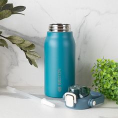 a blue insulated water bottle next to a green plant on a marble countertop