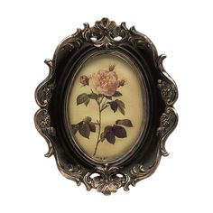 an ornate frame with a painting of a rose on it's side and leaves in the middle