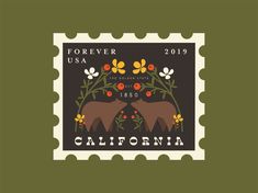 a stamp with two bears and flowers in the center, on top of a green background