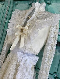 "One of a kind. This is a vintage wedding dress that I've turned into a jacket/bolero. White nylon chiffon over rayon. Lace bodice and sleeves. Ruffle front. Faux beads. Czech glass buttons with satin ribbon tie closure.  Bust 34\" Shoulder 15\" Sleeve 23.5\" Waist 28\" Length 14.5 Dress sold separately." Marie Antoinette Wedding, Bohemian Jewels, Miss K, Vintage Wedding Dress, Wedding Jacket, Black Prom Dress, Victorian Clothing, Black Prom, Most Beautiful Dresses