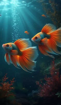 two goldfish swimming in an aquarium with corals