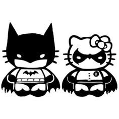 two hello kitty decals on the side of a refrigerator door, one is wearing a batman costume