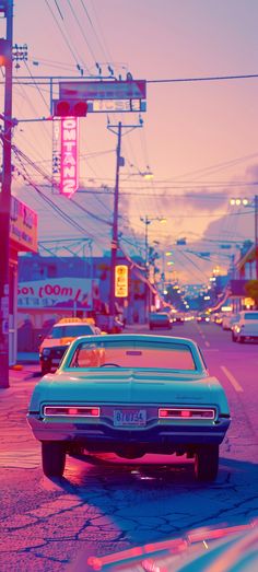 an old car is parked on the side of the road in front of some neon signs