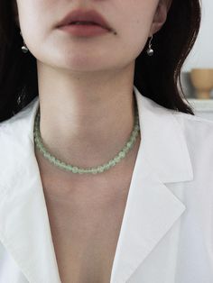 VINOOM is a space filled with inspiration, pursuing a harmony between a vintage mood and sophisticated sensibility, and presenting Vinoom's unique designs derived from various inspirations.- Natural prehnite gemstone ball necklace like green grapes- The charm of a light green, pure gemstone- Comfortable fit thanks to hook closure- Basic item to wear Elegant Jade Crystal Necklaces With Round Beads, Elegant Jade Crystal Necklace With Round Beads, Elegant Round Jade Crystal Necklaces, Elegant Green Jade Crystal Necklace, Elegant Faceted Jade Necklaces, Elegant Green Crystal Necklace With Natural Stones, Elegant Jade Necklace For Healing, Prehnite Gemstone Beads Necklace For Gift, Elegant Green Crystal Necklaces With Polished Beads