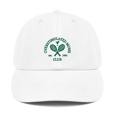 "Looking for a comfy hat that shields your eyes from the sun and also looks cool? This Champion baseball cap features a custom embroidery design that makes the hat truly unique. Don't hesitate and get one for the Overstimulated Mom in your life now! * 100% cotton twill * Unstructured, six-panel, low-profile * Pre-curved visor * Champion-branded inside seam tape * Classic \"C\" embroidered on back left panel * Tri-glide buckle closure * Blank product sourced from China This product is made especi Adjustable Dad Hat For Sports Events, Adjustable Sports Cap, White Dad Hat Visor For Sports Events, White Visor Dad Hat For Sports Events, Customizable Snapback Hat With Curved Visor, White Customizable Adjustable Dad Hat, Customizable White Cotton Baseball Cap, White Breathable Hat With Curved Visor, Curved Brim Hats For Sports Events