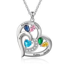 two hearts with names engraved on the side and three stones in each heart, sterling steel necklace