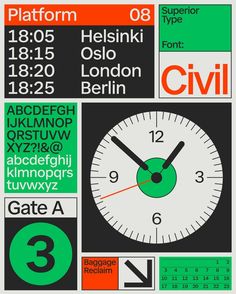 a poster with different types of clocks and numbers on it's sides, including the time